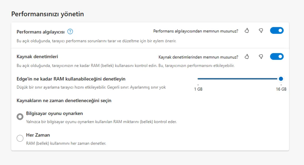 Microsoft Edge RAM sınırlama özelliği ile oyun performansı artırma